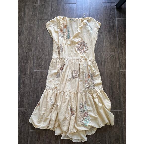 Zara Embroidered Dress Limited Edition Vanilla Beige Yellow Large 7521/059 - Picture 5 of 11
